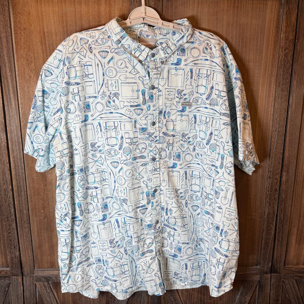 Columbia PFG Men XL Fishing Camping Print Button Shirt Blue Outdoor Regular Fit